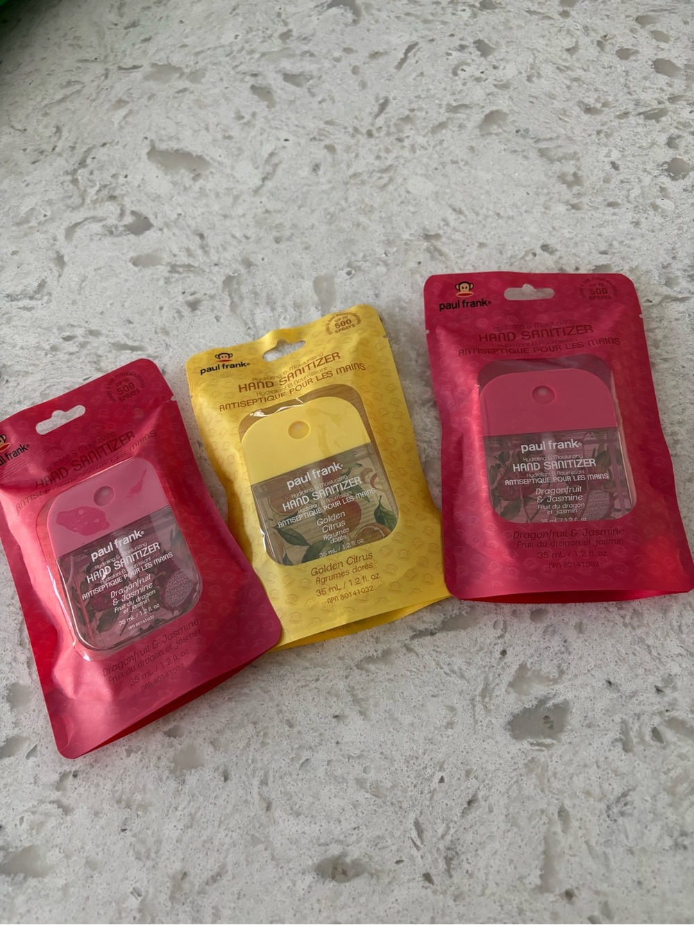 3 PACK OF PAUL  Frank Compact Hand Sanitizer Trio in Pink and Yellow